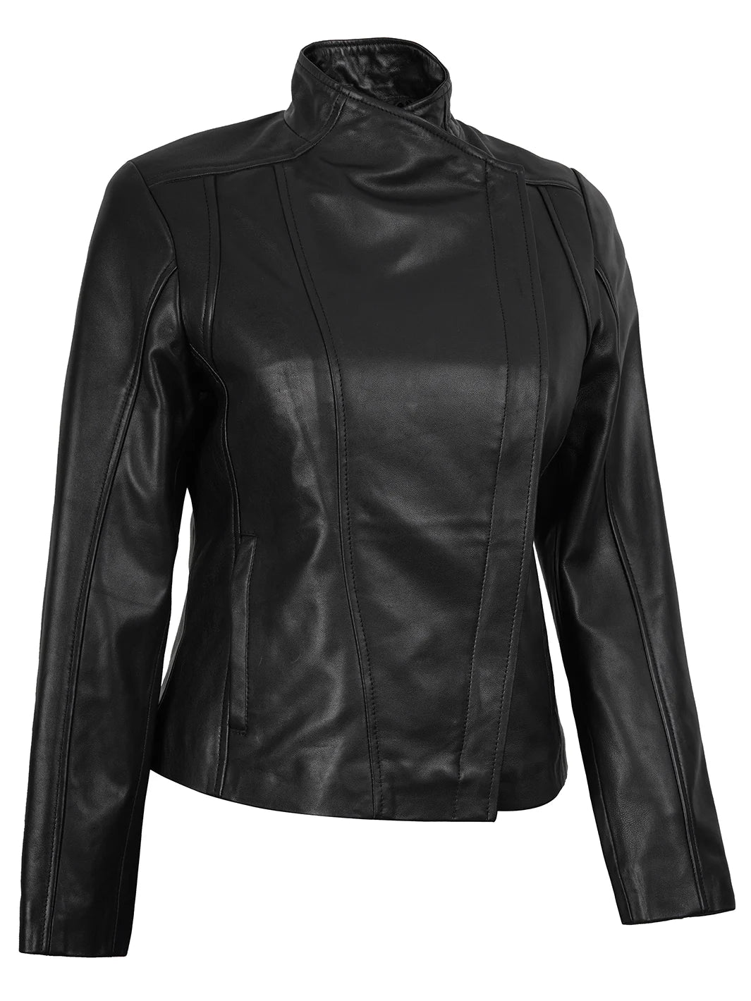 Arezzo Black Flap Closure Cafe Racer Leather Jacket Womens 