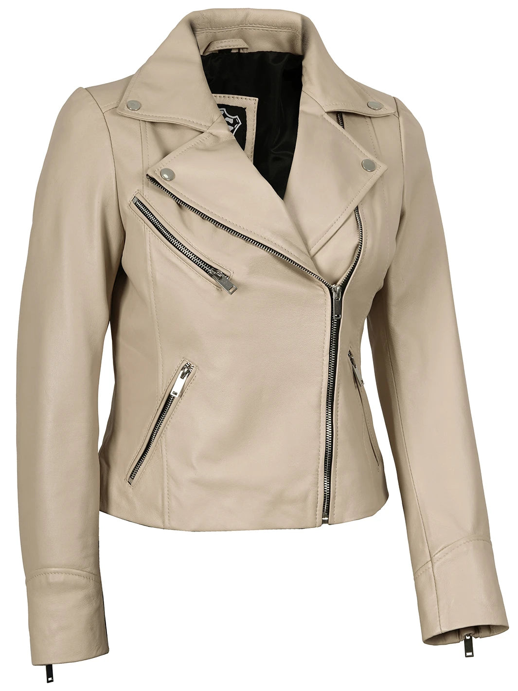 Beige Asymmetrical Biker Real Leather Jacket For Womens 