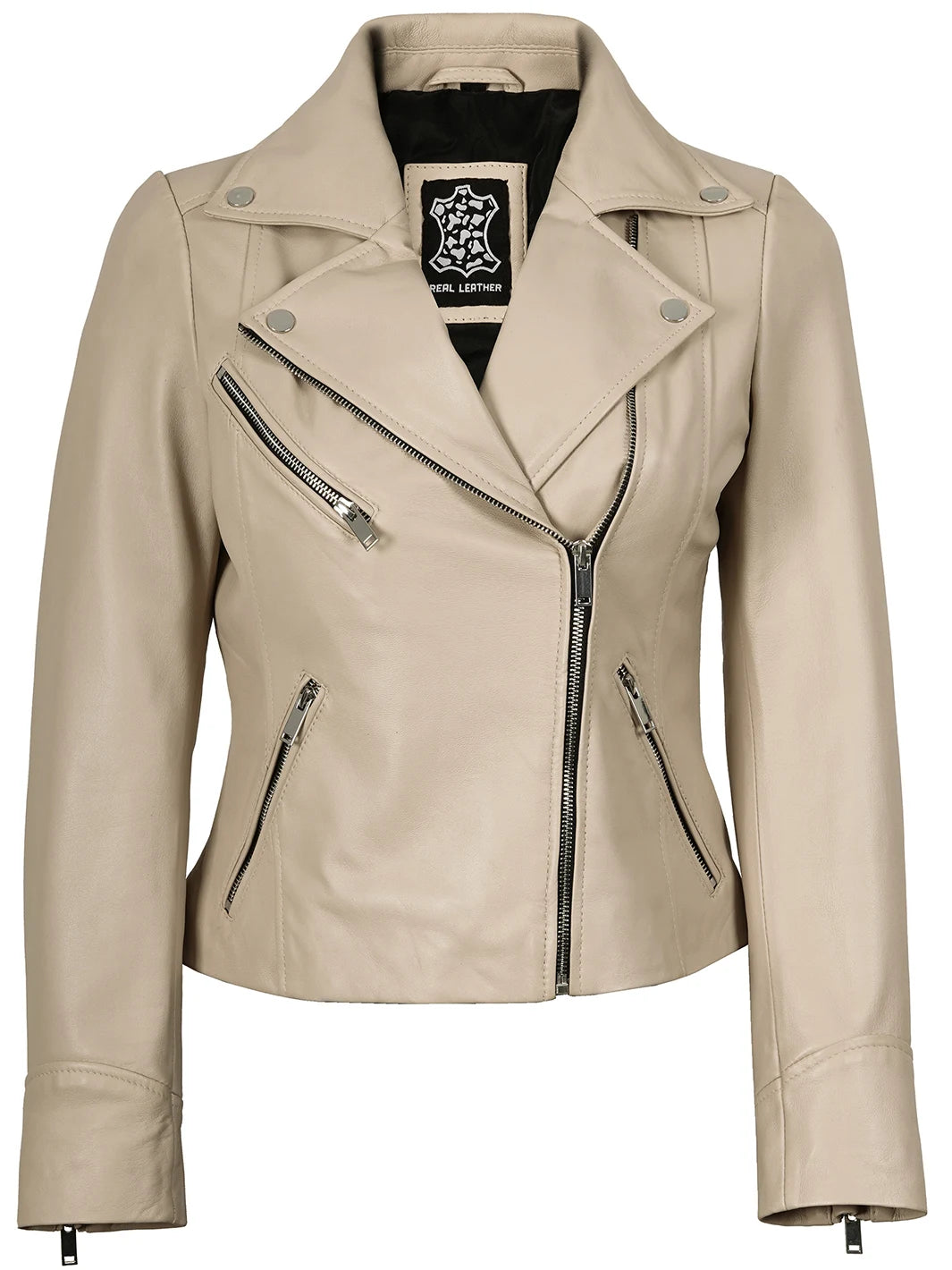 Beige Asymmetrical Biker Real Leather Jacket Womens 