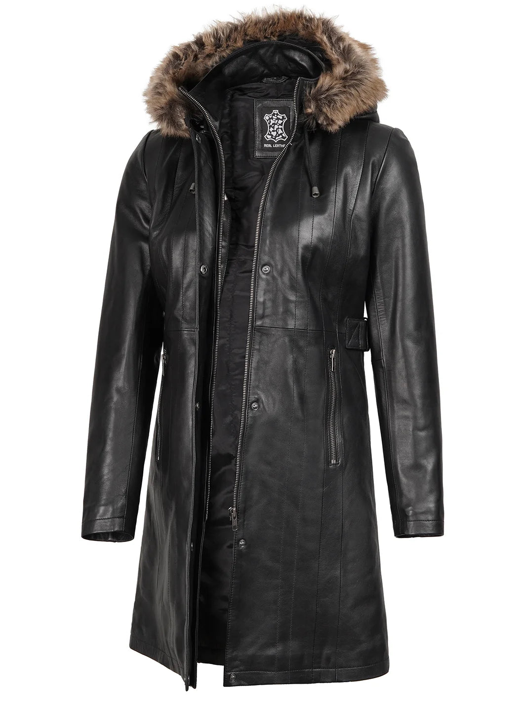 Black Real Lambskin Leather Hooded Shearling Coat Womens 