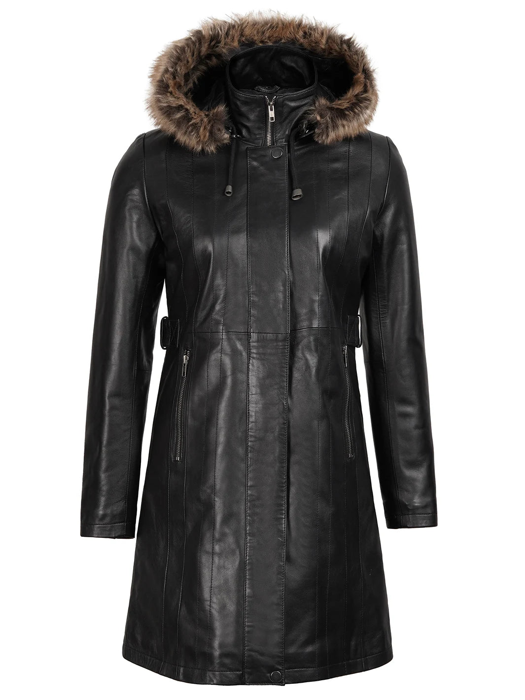 Black Real Lambskin Leather Hooded Shearling Coat for Womens 