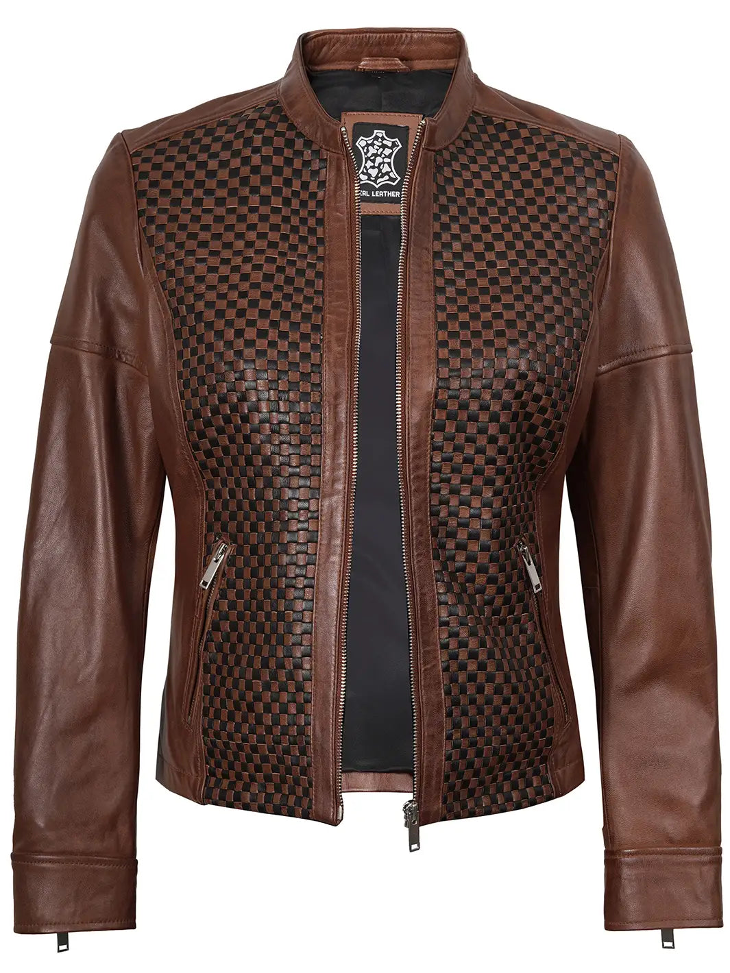 Brown Textured Cafe Racer Leather Jackets Women 