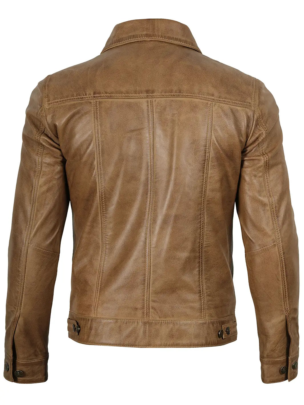Camel Brown Leather Trucker Jacket Mens 