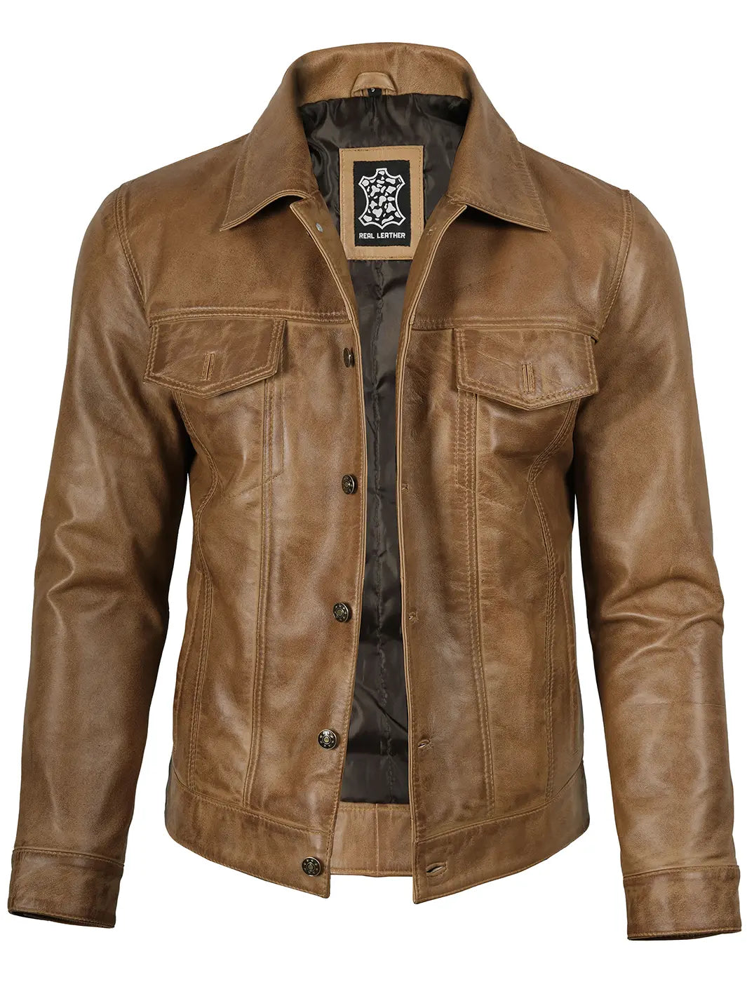 Mens Camel Brown Leather Trucker Jacket