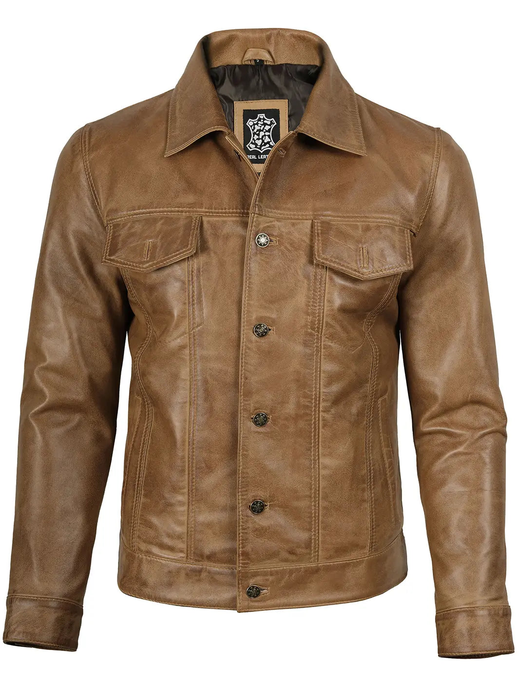 Camel Brown Mens Trucker Leather Jacket