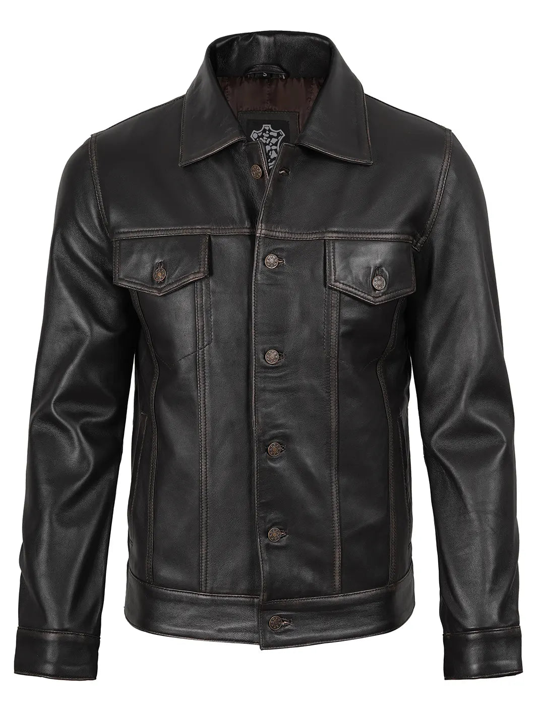 Dark Brown Trucker Leather Jacket For Mens