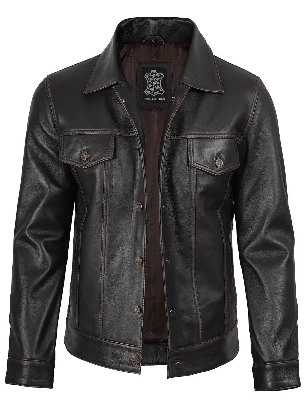 Dark Brown Trucker Leather Jacket Mens