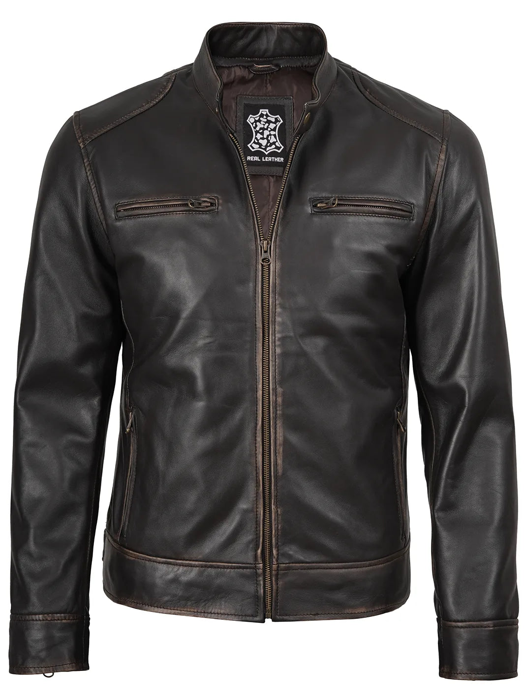 Dodge Rub-Off Dark Brown Cafe Racer Leather Jacket Mens