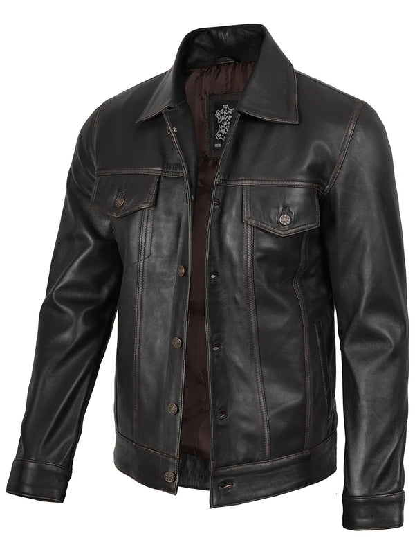 Men's Dark Brown Trucker Leather Jacket