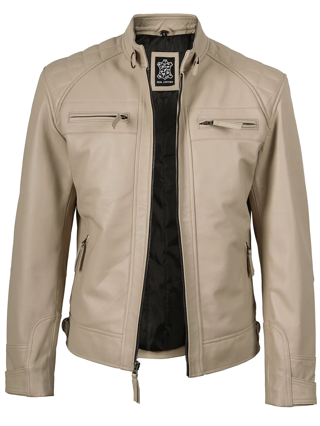 Mens Beige Cafe Racer Leather Jacket 