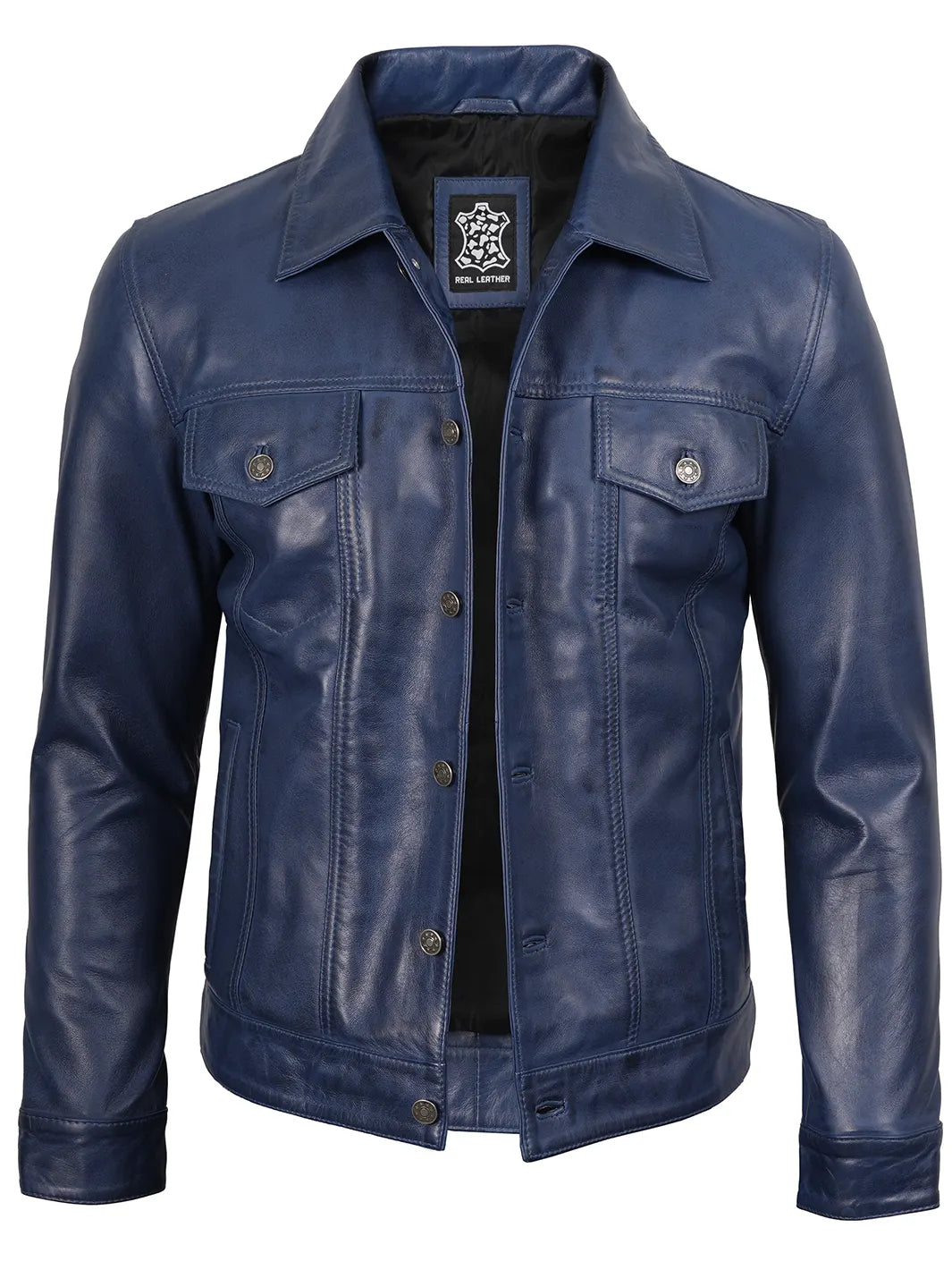 Mens Blue Leather Trucker Jacket