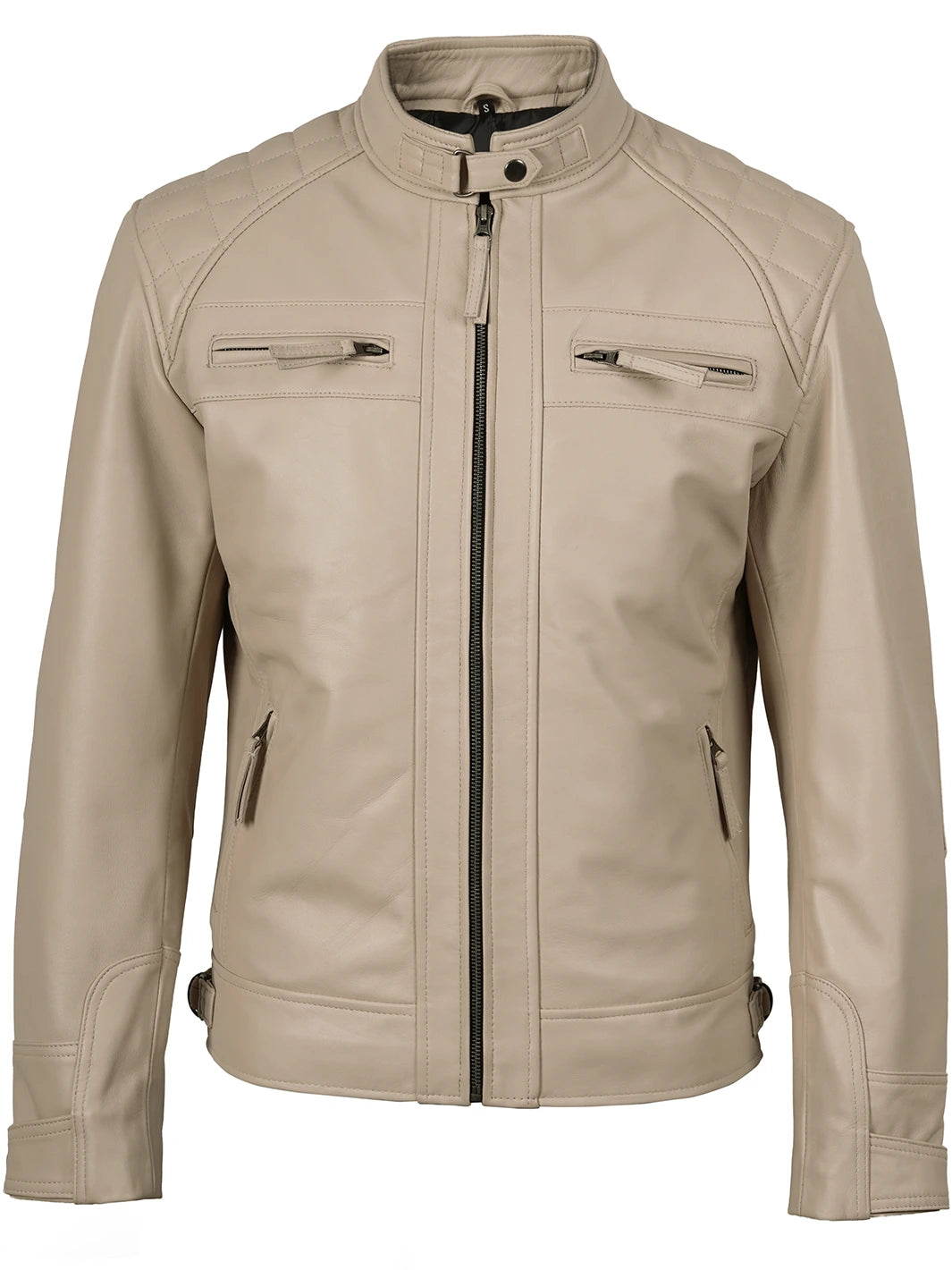 Mens Cafe Racer Leather Jacket Beige 