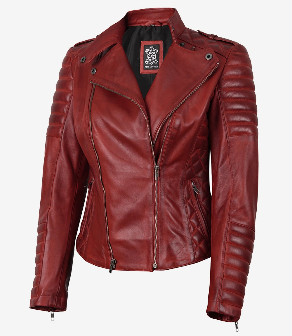 Women's Biker Quilted Red Leather Jacket Asymmetrical