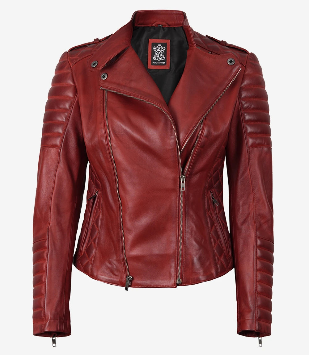 Womens Biker Quilted Red Leather Jackets