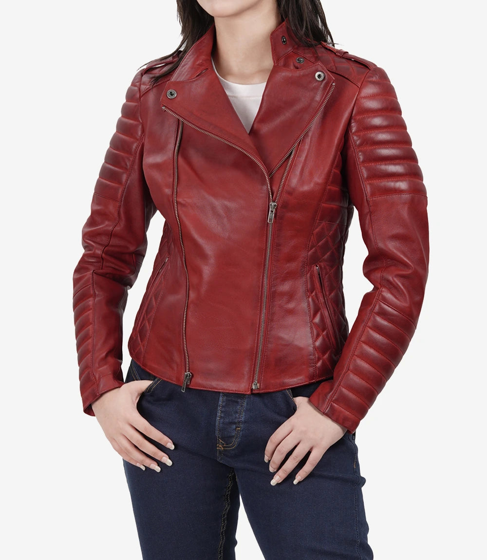Womens Biker Quilted Red Real Leather Jacket