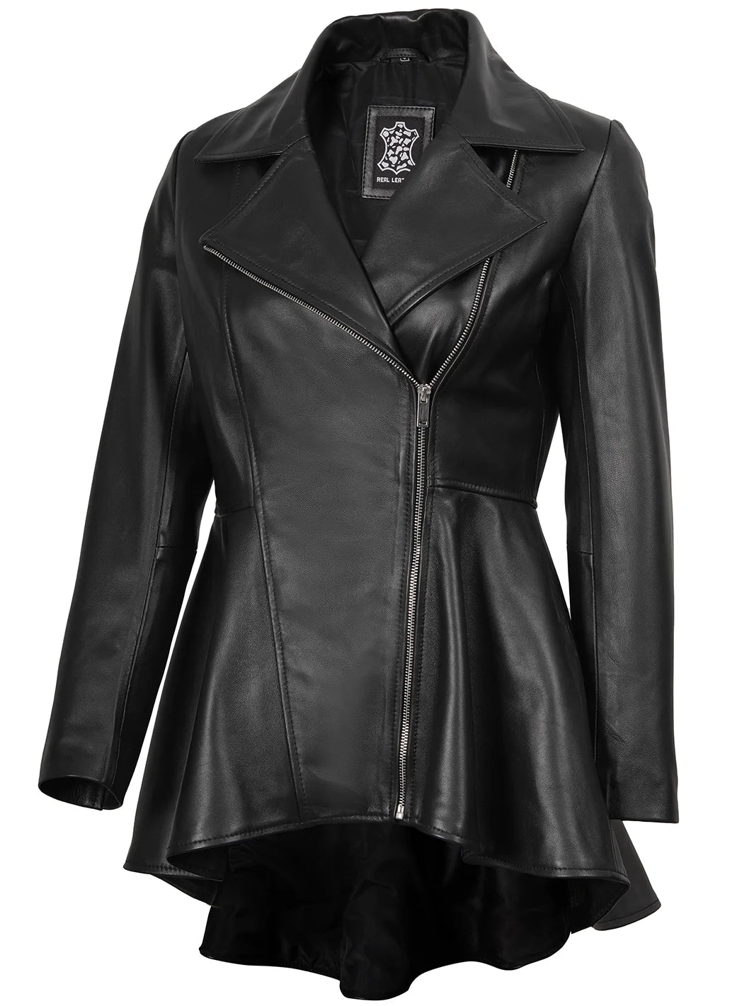 Womens Black Asymmetrical Peplum Leather Jacket
