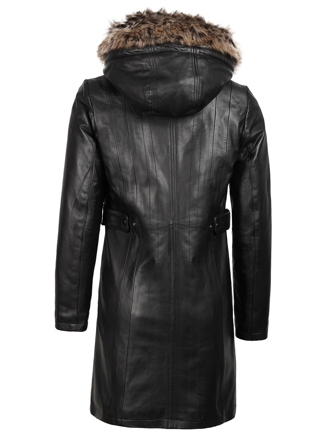 Womens Black Real Lambskin Leather Hooded Shearling Coat