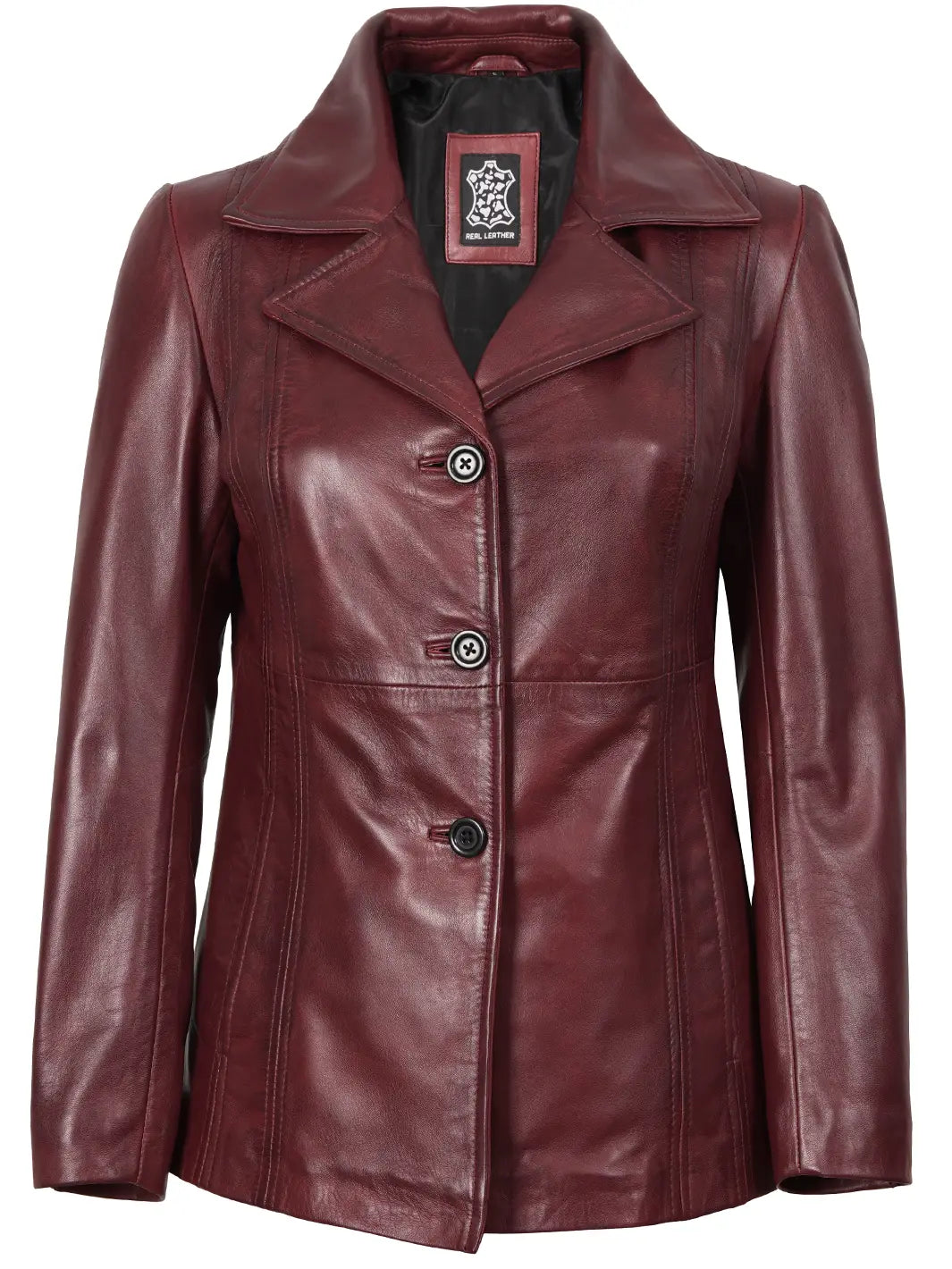 Womens Leather Burgundy Blazer with Three Button