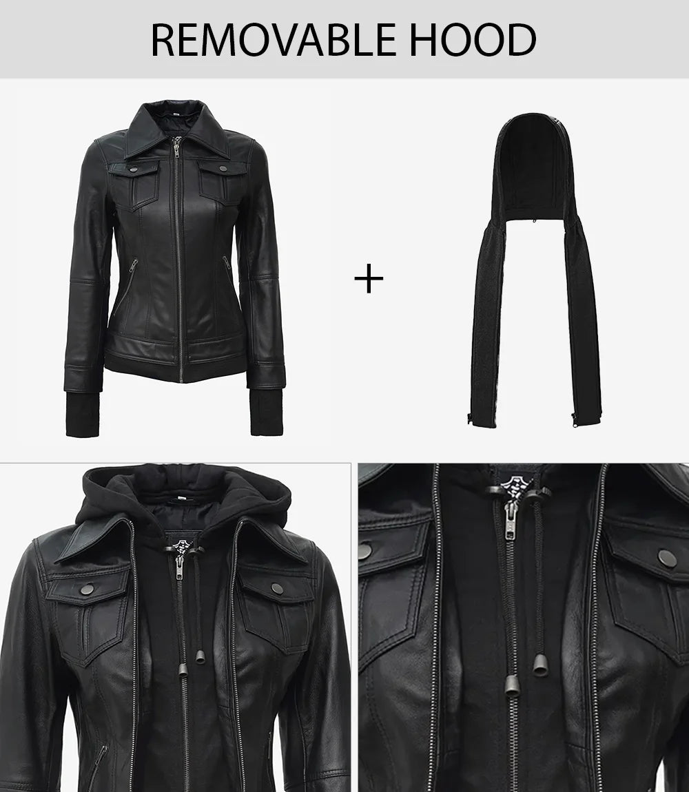Black leather jacket with removable hood on a white background.