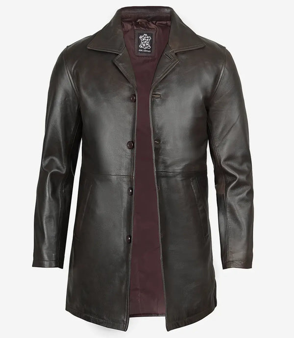 A distressed dark brown leather car coat for men with button closure and side exterior pockets, displayed on a plain background.