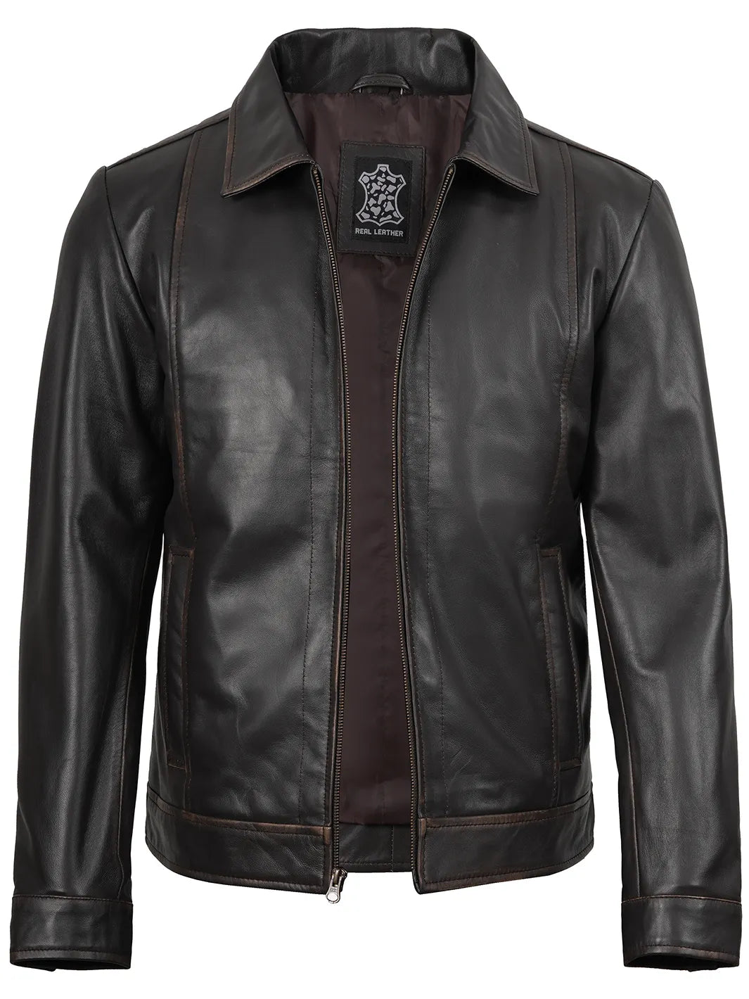 Black leather jacket with a brand label on a white background