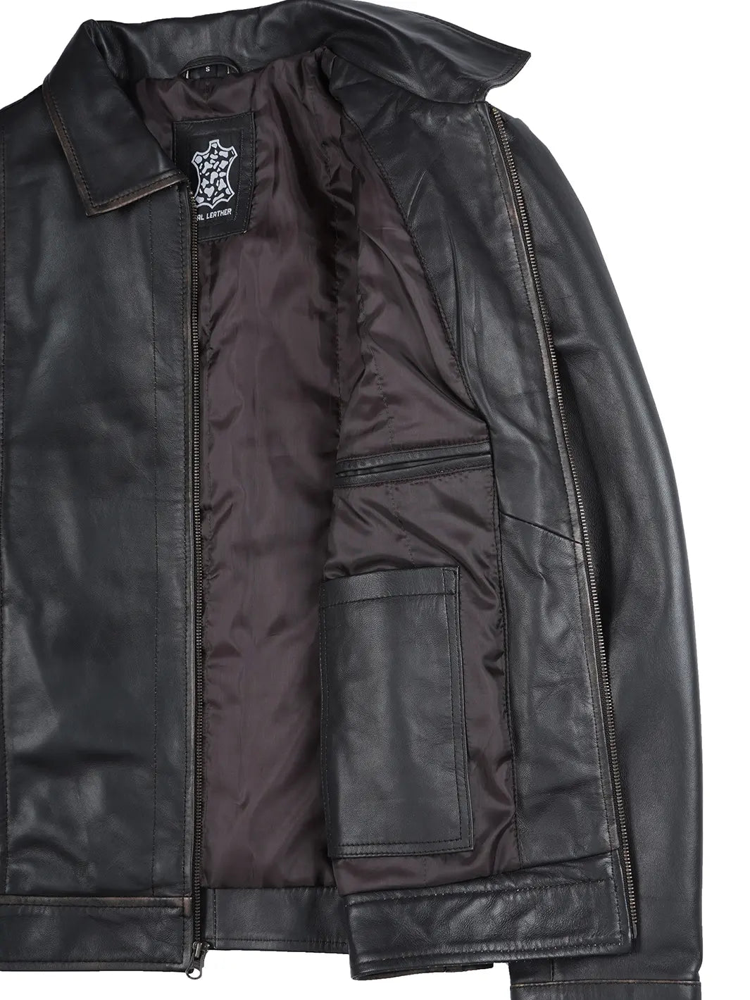 Black leather jacket with a brand logo on a white background