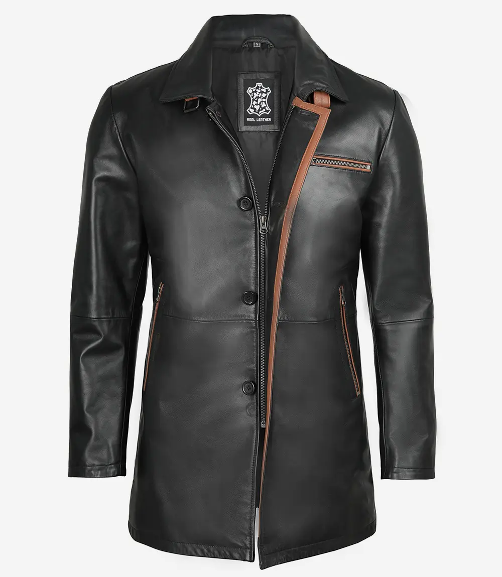 brown detailing mens leather black coat