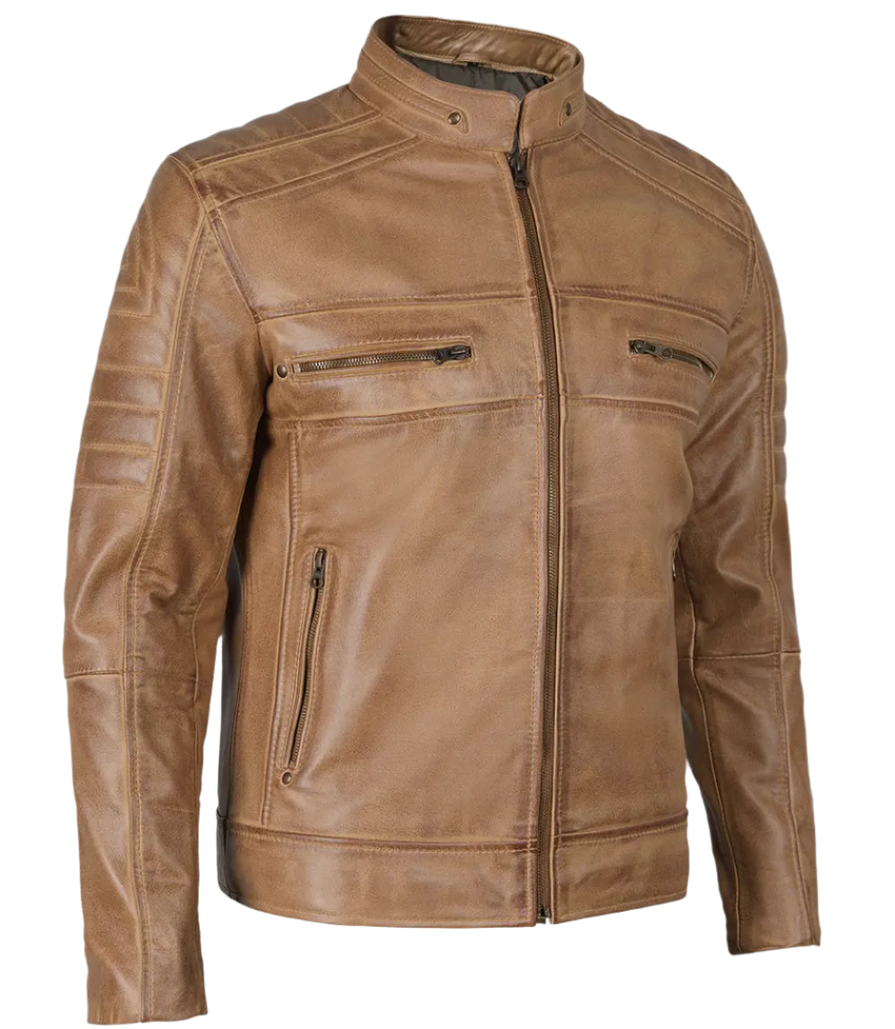 Men's distressed tan leather cafe racer jacket with a classic stand-up collar, zippered front closure, and multiple pockets.